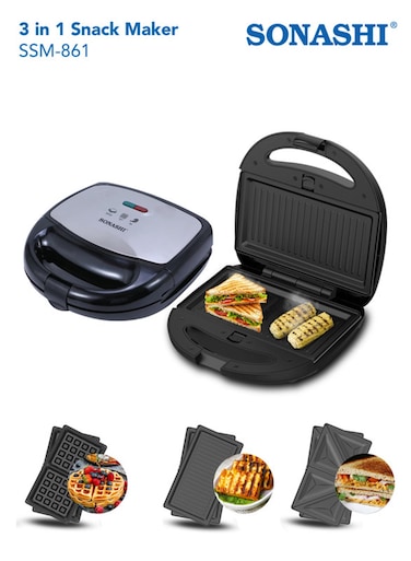 Sonashi Multi-Snack Maker 3-in-1 - Non-Stick Detachable Cooking Plate, Cooks Delicious Crispy Sandwiches/Waffles/Grills, Cool Touch Handle, Automatic Temperature Control 800 W SSM-861N Black/Silver