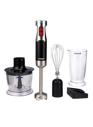 Sonashi 4-in-1 Hand Blender, Chopper, Whisker, Mixer - with Stainless Steel Shaft and Different Speed Control, Plastic Jar 700ML, Chopper 500 ML, Whisk and Robust Blending Wand SHB-179JBCW Black