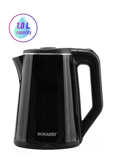 Sonashi 1.8L Cordless Kettle - Stainless Steel Kettle with Double Layer Body, 360-Degree Swivel Base - Auto Shutdown, Power On/Off Indicator Light Feature, 2200W SKT-1808N Black