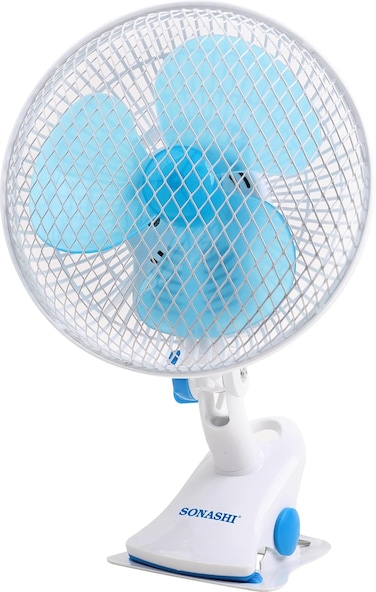 Sonashi 3-In-1 Clip, Desk, And Wall Fan, Adjustable Tilt Angle Head For Vertical Setting, Desk Fan With 2 Speed Switch, Clip Fan With 3 Blades, 35W SF-8008N, White/Blue
