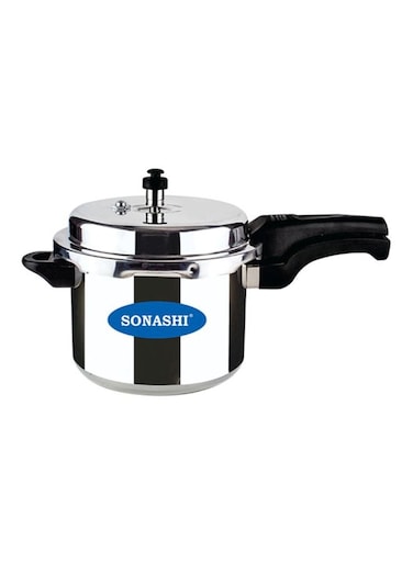 Sonashi AntiSpill Pressure Cooker 5L with Strong Aluminum Body Extra Strong Lugs with Anti Spill Lid Heavy Base Can be used on Gas Stove And Induction Stove Silver/Black SPC-150 Silver/Black 5Liters