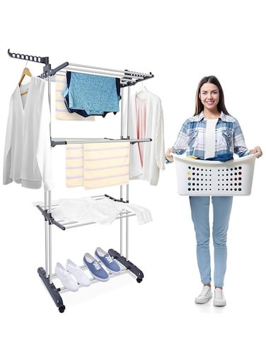CENXI Clothes Drying Rack, Large 3 Tier Rolling Folding Dryer Hanger, Storage Collapsible Garment Rack Standing Rack with Foldable Wings and Casters for Indoor Outdoor