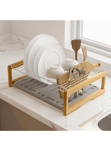 Wealone Stone Dish Drying Mat with Stainless Steel Dish Rack, Super Absorbent Diatomaceous Earth Dish Drying Mat, Large Size Stone Drying Mat, Fast Drying Dish Racks for Kitchen Counter