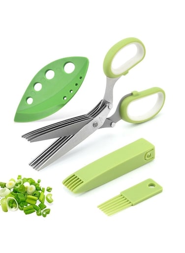 Herb Scissors Set, Multipurpose Kitchen Scissor 5 Blade Herb Shears Cutter with Safety Cover and Cleaning Comb, Sharp Kitchen Shear Scissors for Chopping Basil Chive Parsley Cilantro Vegetables