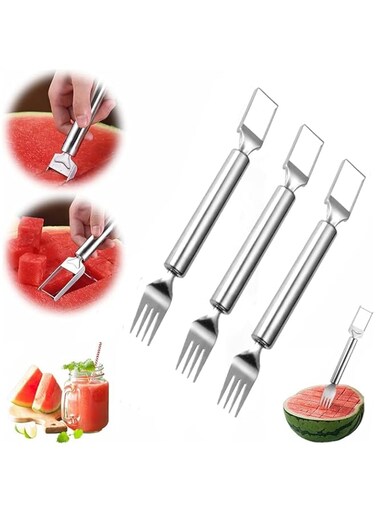 DANFANWAN 2-in-1 Stainless Steel Fruit Cutter, Dual Head Fruit Forks Slicer Knife, Watermelon Slicer Watermelon Cutter Melon Cutter Tool, for Home Kitchen Gadget (3pcs)