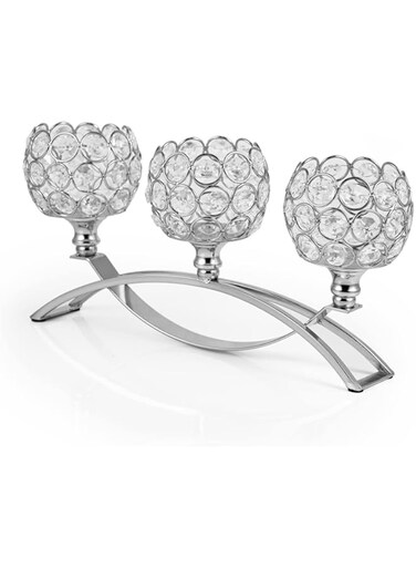 Silver Crystal Candle Holders Decorative Candelabra, Metal 3 Arm Candlesticks Holder Centerpieces for Wedding Party Baby Shower Dining Room Coffee Table Decor candelabros para centros de mesa