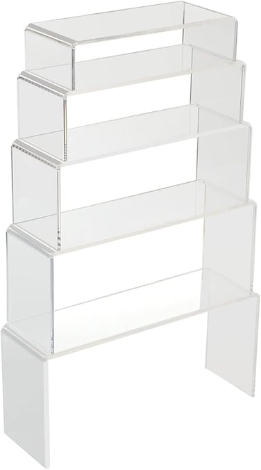 LOLYSIC 5-Piece Acrylic Display Riser Set - Clear Rectangular Stands for Jewelry, Lipstick, and Collectibles