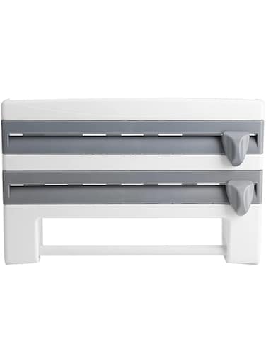 Oasisgalore Foil and Plastic Wrap Organizer, Wrap Dispenser with Slide Cutter for Kitchen Sauce Bottle Storage Rack Paper Towel Holder Mount Kitchen(灰白)