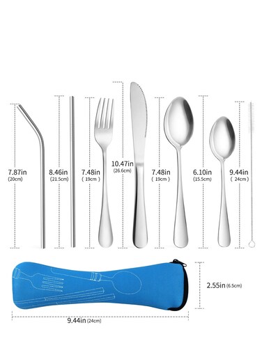 8PCS Camping Cutlery Utensils, Camping Outdoor Utensils, Portable Travel tableware, Stainless Steel Lightweight Cutlery Set, Fork, Spoon, Tea Spoon, Knife, Metal Straws and Brush
