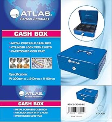 Atlas Large Cash Box Steel Register with Tray and Lock, Durable Portable Money Box Safe for Bills Jewelry Receipts Coins (30x24x9cm) Blue