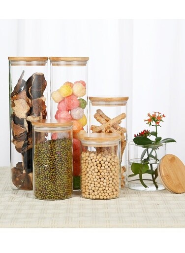 6-piece circular glass food storage jar set with sealed bamboo lid, coffee bean storage jar, spice storage jar, tea storage jar, pasta storage jar.
