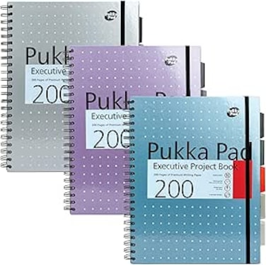 Pukka Pad, A4+ Metallic Executive Project Book 3 Pack &ndash; 22.5 x 29.6cm &ndash; 200 Page Hardback Wirebound Notebook with 8mm Lines and 80GSM Paper &ndash; Includes Repositionable Dividers with Pocket - 200 Pages