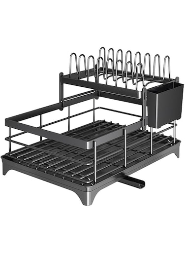 Dish Drying Rack, Stainless Steel Dish Drainer for Kitchen Counter, 2-Tier Kitchen Organizers and Storage Rack with Drainboard and Cutlery Holder, 11''W x 15.3''L