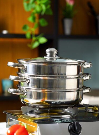 3 Layer Stainless Steel Steamer- DC2958/ 28 cm, 4.0 liter Capacity, 1 Pot, 2 Steamers, 1 Tempered Glass Lid