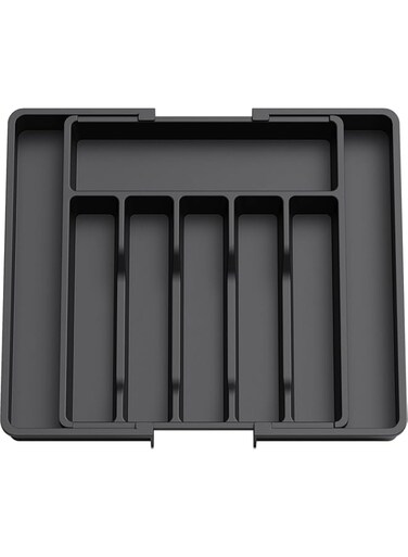 ALMEKAQUZ Silverware Drawer Organizer, Expandable Utensil Tray for Kitchen, Adjustable Flatware and Cutlery Holder, Compact Plastic Storage for Spoons Forks Knives, Large (Black)