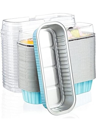 Aluminum Foil Bread Pans, 50pcs 6.8oz Disposable Aluminum Foil Mini Loaf Baking Pans with Lids&iuml;&frac14;&OElig;Small Bread Tins, Aluminum Baking Cups Ramekins, Dessert Bakeware Pans Containers (Blue)