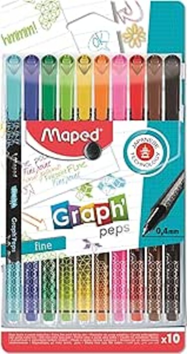 Maped 749050 Graph'Peps Felt-Tip Pens Fine Point 0.4 Mm Durable Tip Writing Comfort Pack Of 10 Colours