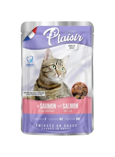 Plasir Cats Chunks Rich in Flavor (22x100g) Gravy Wet Food Cat, Cat Wet Food, Salmon and COD, Pet Food for Cat, Veterinary Formulated Ingredients, Healthy Wet Cat Food