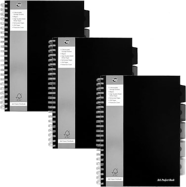 Pukka Pad, A4 Executive Project Notebook 3-Pack - 29.7 x 21cm - Wirebound Notebook with 8mm Feint Ruled Lines on 80GSM Paper - Includes 5 Repositionable Dividers with Storage Pockets - 250 Pages