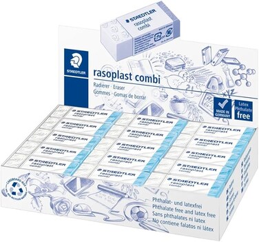 Staedtler Rasolplast Combi White and Blue Dual Duty Eraser, Box of 30, 526 BT30