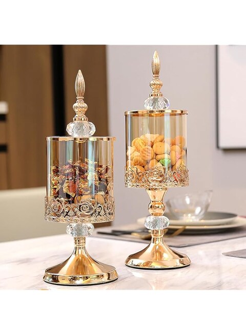 VAODO 2 Pack Glass Candy Jars with Lids, Light Luxury Crystal Storage Jars, Retro Clear Apothecary Jars, for Candy Buffet, Wedding Home Kitchen Countertop Accessories Decorative, Gold, Large + Small