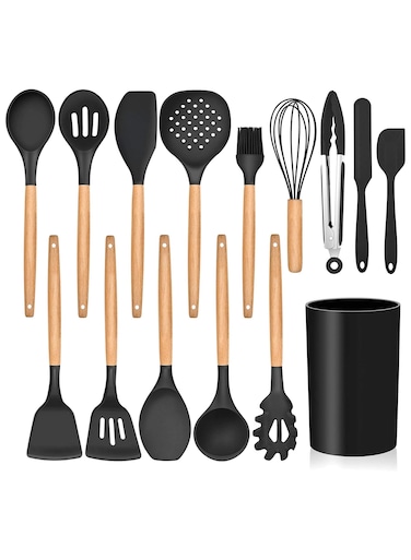VAZA Kitchen Utensils Set of 12, Silicone Cooking Utensils with Holder, Non-stick Cookware Friendly &amp; Heat Resistant, Includes Spatula Tong Whisk Ladle Brush Slotted Turner Spoon(Black)