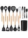 VAZA Kitchen Utensils Set of 12, Silicone Cooking Utensils with Holder, Non-stick Cookware Friendly &amp; Heat Resistant, Includes Spatula Tong Whisk Ladle Brush Slotted Turner Spoon(Black)