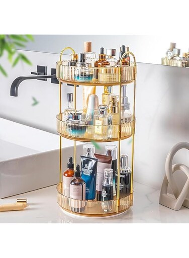EPEDIC Rotating cosmetic storage box dressing table rack skin care product storage rack multi-layer storage tray toilet bathroom storage shelf (Three layers, light yellow)
