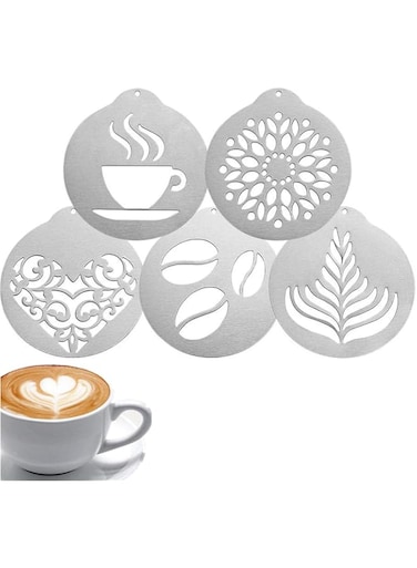 YODOOLTLY Stainless Steel Coffee Stencils- Coffee Decorating Stencil Barista Cappuccino Arts Templates Coffee Garland Moulds Cake Decorating Tool (5PCS)