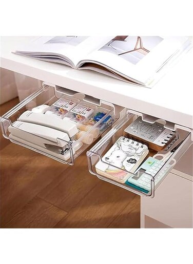2 Pack Under Desk Drawer, Self-Adhesive Slide Out Organizer Tray, Plastic Stick On Table Hidden Attachable Drawer Tray for Office Home School Kitchen