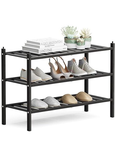 EETU Bamboo Shoe Rack 3 Tier Stackable Shoe Shelf Shoes Organizer Standing Shoe Stand Stable and Study for Closet Entryway Hallway Bedroom Floor Dorm Black 27x11.02x19.65in