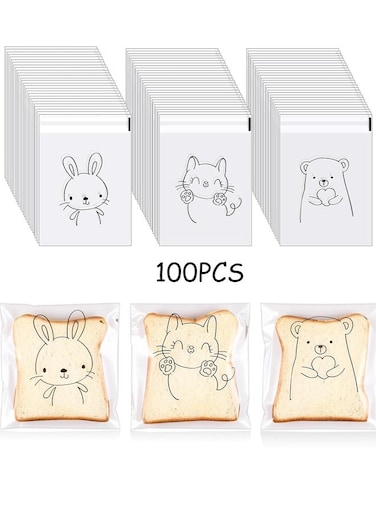 Cookie Bags Self-adhesive 15cm*18cm Cartoon Animal Cellophane Clear Sandwich Treat Bags Transparent Resealable Packaging Bag for Bread Bakery Toast Biscuits Candy Snack