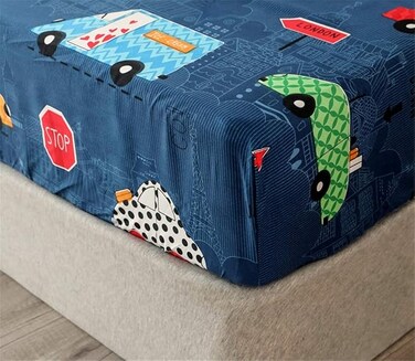 Nj Fitted Sheet, 90 x 200 cm, Car Pattern, Mattress Cover, Children, Cartoon Mattress Protector, 30 cm, Anti-Slip, Wrinkle Resistant, Microfibre Fitted Sheet,