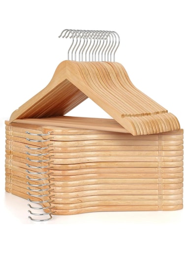 Clothes Hangers, Natural Wood, Chrome Hooks, Suit Hangers with Notches Wooden Hangers, Natural Wood Clothes Hangers, Durable Coat Hanger with 360-Degree Rotatable Hook, Non-Slip (10)