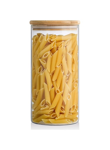 ComSaf Food Storage Container with Airtight Bamboo Lid Set of 5, Clear Glass Canister Food Jar with Sealing Lid Kitchen Pantry Storage Container for Sugar Flour Cereal Pasta Snack Tea Coffee Beans