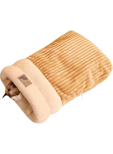 Cat Nest Sleeping Bag, Winter Pet Sleeping Bag, Semi Enclosed Sleeping Bag for Cats, Cat Winter Warm Sleeping Bag, Calm and Cozy Cat Wrap, Soft Comfortable Bed for Indoor Outdoor Pets (Beige)