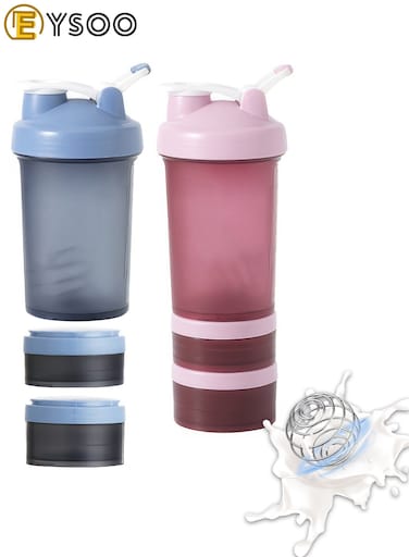 Protein Shaker Bottle 2 Pack 500ml / 17oz Shaker Bottle for Protein Mixes Leak-proof BPA Free 3-Layer Protein Shaker with Supplement Pill Storage Container Gym Shaker Cup (Blue &amp; Pink)