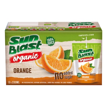 Sunblast Organic Orange Juice, 200ml Pack of 10