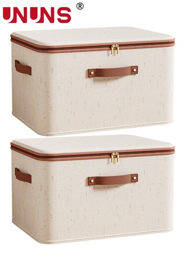 2PCS Fabric Storage Box with Lid,Clothes Storage Bins with Two Zippers,Clother Toys Storage Organizer Baskets Boxes Container with Durable Handles Thick for Home Bedroom,45X35X26CM