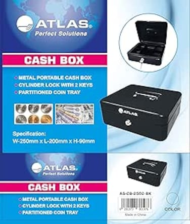 Atlas Medium Cash Box Steel Register with Tray and Lock, Durable Portable Money Box Safe for Bills Jewelry Receipts Coins (25x20x9cm) Black