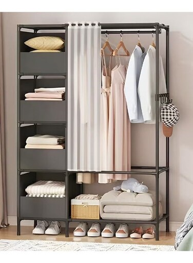 Portable Wardrobe Storage Closet,Clothes Storage Cabinet With Curtain,For Living Room,Bedroom,Clothes Room,Black,105x45x170cm