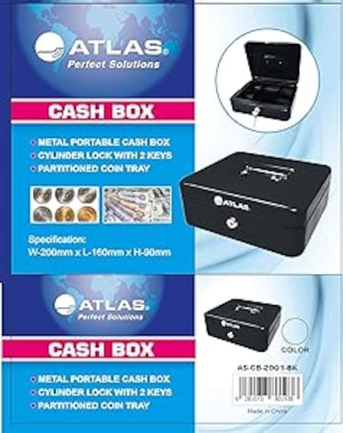 Atlas Cash Box Steel Register with Tray and Lock Durable Portable Money Box Safe for Bills Jewelry Receipts Coins (20x16x9CM) Black