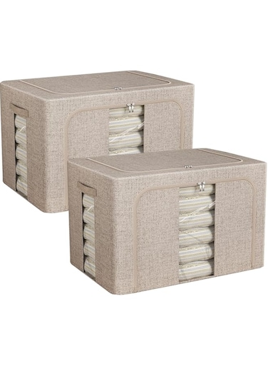 U-HOOME 2pcs Clothes Storage Bins with Metal Frame&amp;Lid,Foldable Closet Organizers Storage Containers,Linen Storage Box With Window＆Zippers&amp;Handles for Blanket Bedding,Clothes,Comforter (Cream, 66L)