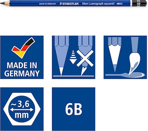 STAEDTLER 100A G6 ST wasservermalbare K&uuml;nstlerbleistifte Mars Lumograph aquarell (Sechskantform, unglaublich bruchfeste Premium-Bleistifte, hohe Qualit&auml;t, 3 H&auml;rtegrade, 1 Rundpinsel, Metalletui)