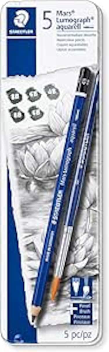 STAEDTLER 100A G6 ST wasservermalbare K&uuml;nstlerbleistifte Mars Lumograph aquarell (Sechskantform, unglaublich bruchfeste Premium-Bleistifte, hohe Qualit&auml;t, 3 H&auml;rtegrade, 1 Rundpinsel, Metalletui)
