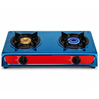 2 Burner LPG Gas Stove with Auto Ignition, Brass Burners, Toughened Glass Top, Blue Finish