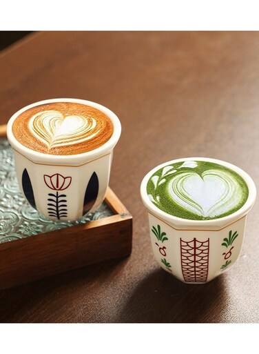 Floral Ceramic Tea Cup with Latte Art Design - Reusable Espresso Mug for Coffee &amp; Tea Lovers, 2 Pcs