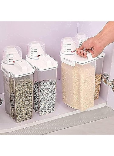 Premify 4pcs Cereal &amp; Dry Food Storage Containers with Measuring Cup, Airtight Plastic Kitchen Storage Organizer, Clear Food Storage Box for Flour, Sugar, Rice   BPA Free Container with Locking Lids