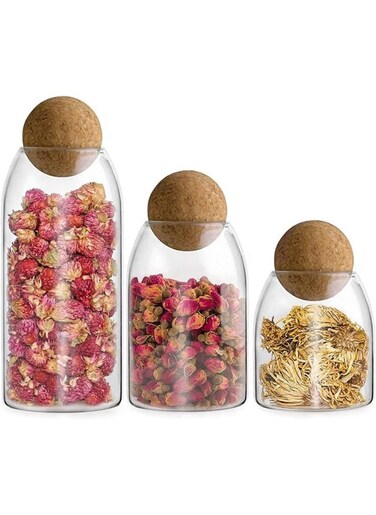 Glass Jars with Wooden Cork Lid Storage Jars for Coffee, Spices, Sugar, Salt, Pulses Set of 3 Different Sizes