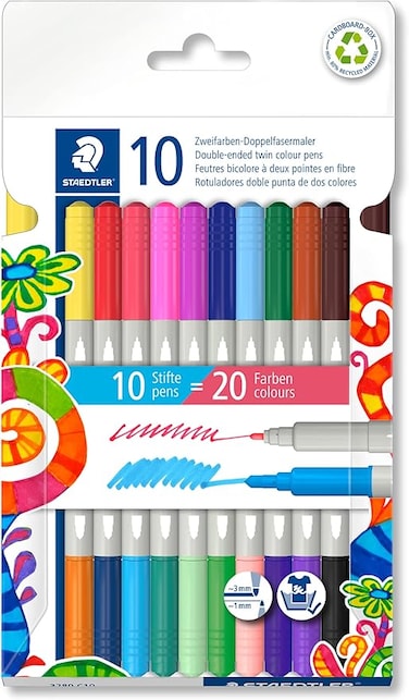 STAEDTLER 3280 C10 Twin-Colour, Double-Ended Fibre-Tip Pens - 20 Assorted Colours (Pack of 10)